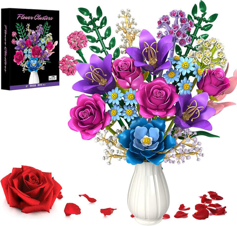 Flower Bouquet Building Set For Adults Women Girls, Purple Rose Brick Kit