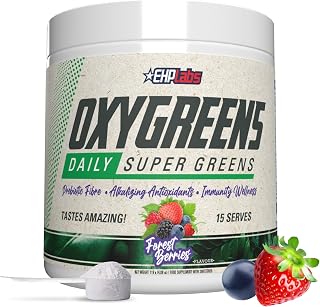 EHP Labs OxyGreens Super Greens Powder with Spirulina & Chlorella, Prebiotic Fiber, Probiotics & Digestive Enzymes – Antioxidant Green Superfood Supplement - 15 Servings (Forest Berries)
