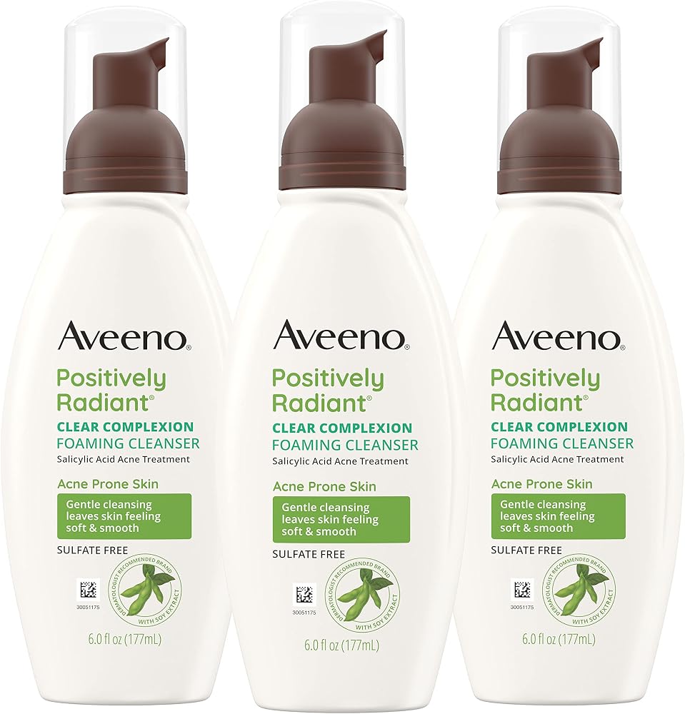 Aveeno Clear Complexion Foaming Oil-Free Facial Cleanser with Salicylic Acid Acne Medication for Breakout-Prone Skin & Soy Extracts, Hypoallergenic & Non-Comedogenic, 6 fl. oz, Pack of 3
