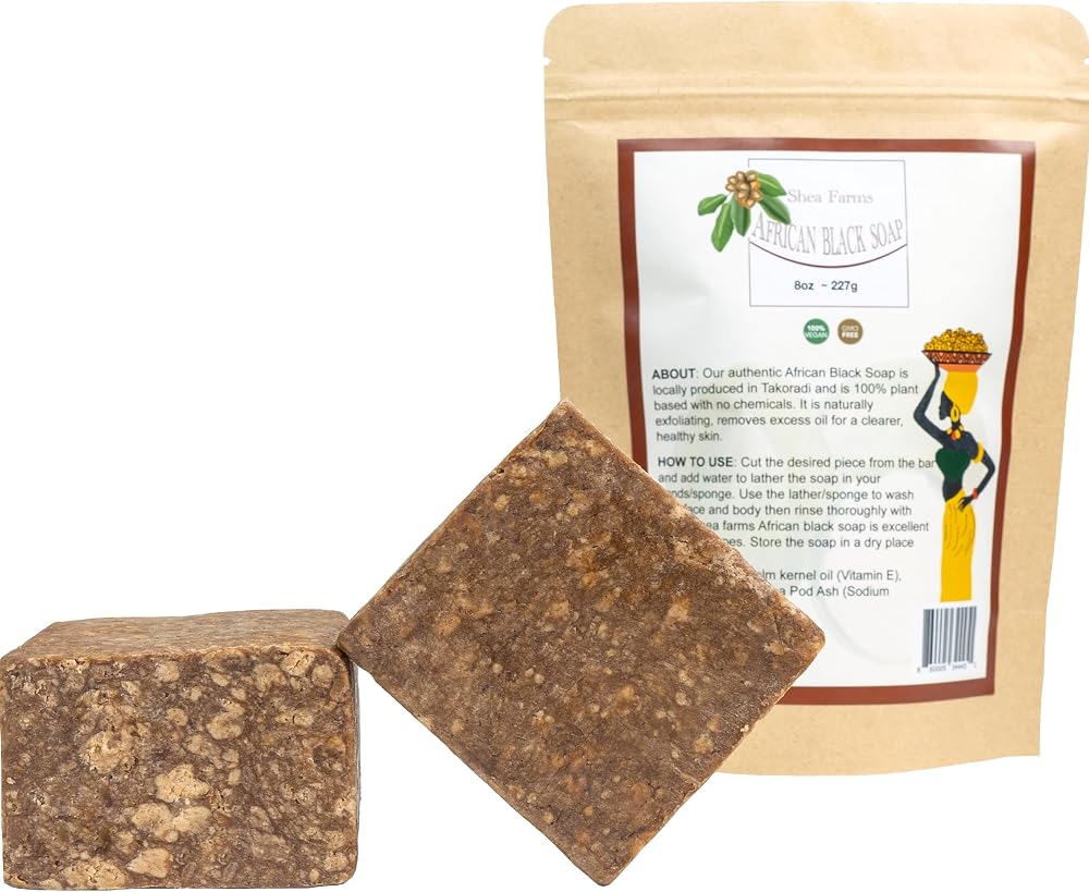 Shea FarmRaw African Black Soap, 8oz Bar – Deep Cleansing Natural Black Soap for Acne, Dark Spots, Ring Worm, Eczema - Cruelty Free Face & Body Wash - Guaranteed 8oz Bar