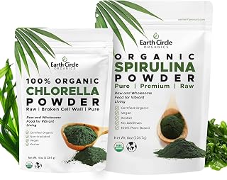 Earth Circle Organics - Organic Chlorella Powder (4 oz) and Spirulina Powder (8 oz) Superfood Bundle - Pure Vegan Protein, Kosher, High in Fiber & Amino Acids