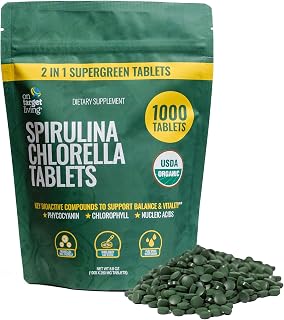 Organic Spirulina Chlorella | Supergreens | USDA Organic | 1000 Tablets - 250 G (8.8 oz) | Vegan | Alkalyzing | Nutrient Dense | Protein Dense