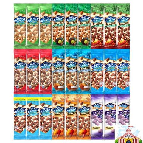 Variety Pack BlueDiamond Almonds, 9 Flavors: Blueberry, Habanero BBQ, Low Sodium, Roasted & Salted, Salt 'n Vinegar, Smokehouse, Sriracha, Wasabi & Soy Sauce, Whole Natural, 1.5 oz, 3 Each, 27 Pack