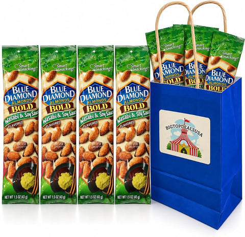 Snack Pack Diamond Almonds Wasabi & Soy Sauce, Bold Flavor Almonds, 1.5 oz Pouches, 4-Pack with 5.25x3.2x8 in Blue Paper Bag Included - Personal Care