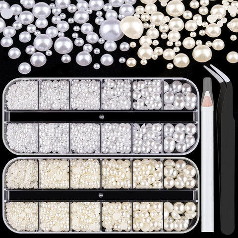 4000PCS Flatback Rhinestones and Half Round Pearls Kit #19, Multi Size Glass Clear Crystals, Plastic Flat Back Red AB Dome Bead with Pickup Pencil and Tweezer for Nail Art