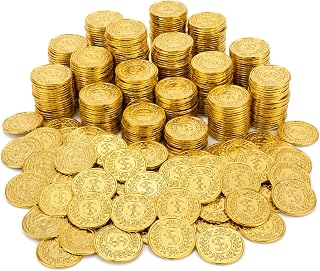 300Pcs Gold Coins, 1.4in Plastic Fake Pirate Treasure Coins Party Supplies,Play Money Realistic, Classroom Rewards, Pirate Theme Tokens, St Patricks Day, Halloween, Adventure Theme