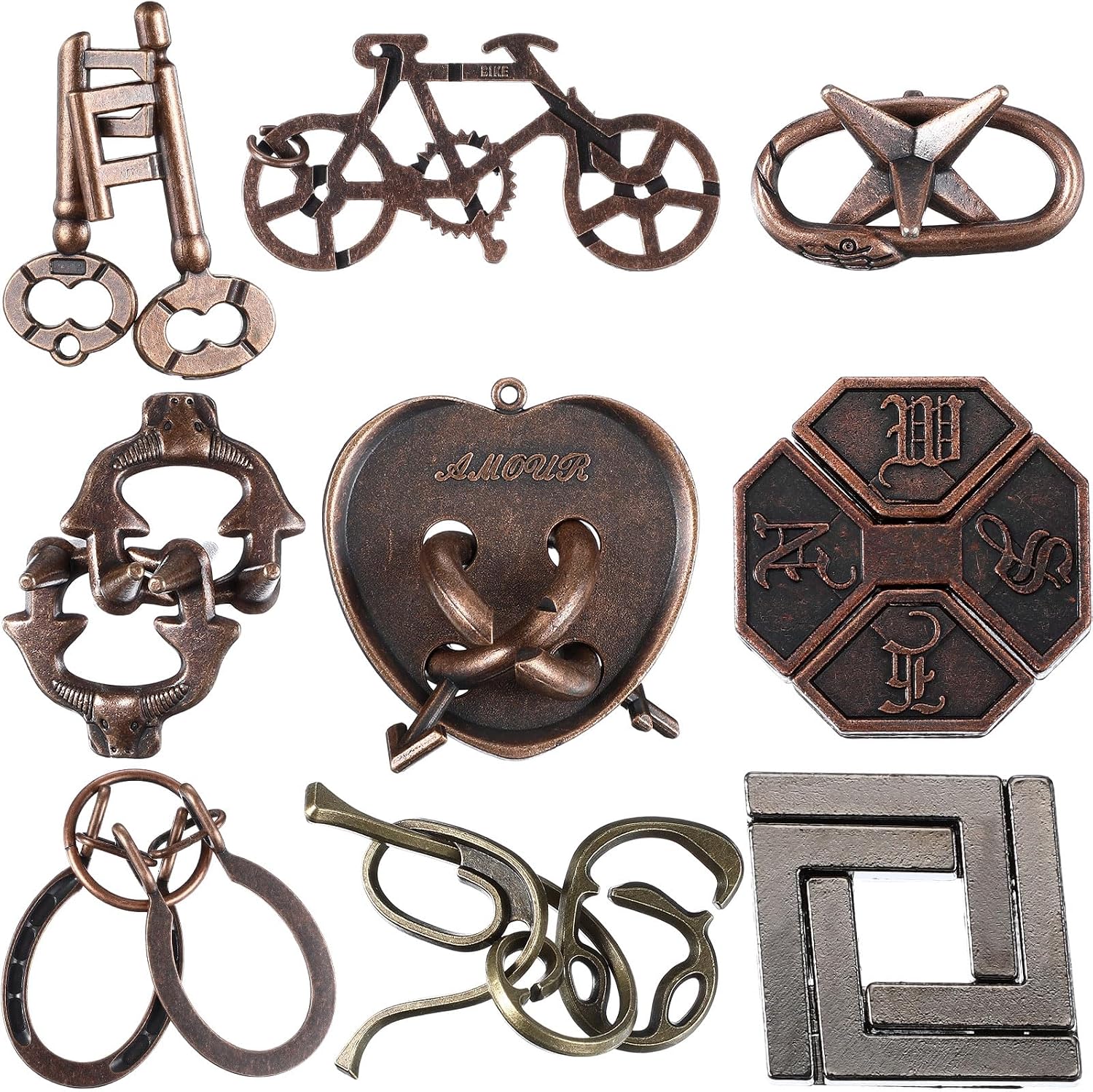 Wettarn 9 Pcs Metal Brain Teasers 3D Steel Puzzle Set, Classic Style