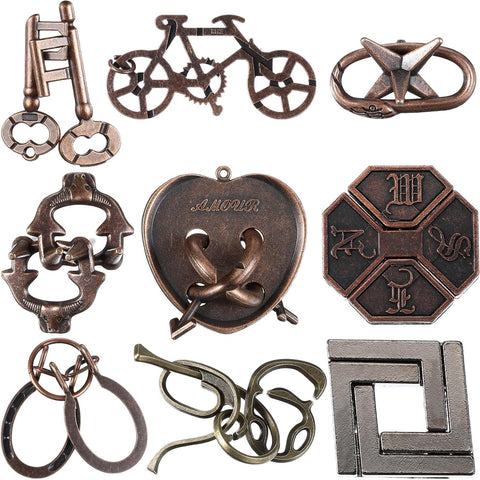 Wettarn 9 Pcs Metal Brain Teasers 3D Steel Puzzle Set, Classic Style