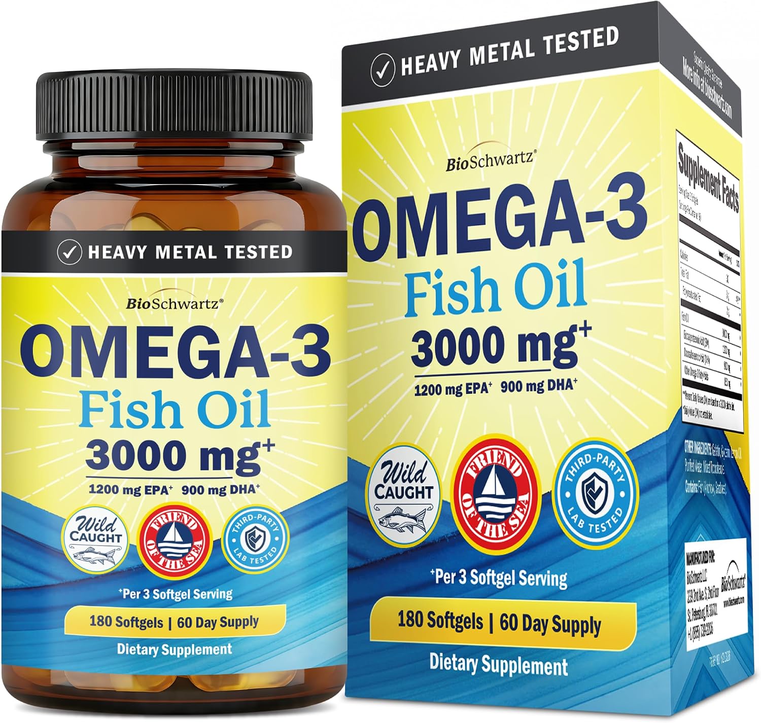 Triple Strength Omega 3 Fish Oil 3000mg for Women and Men, 180 Softgels