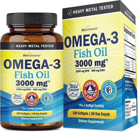 Triple Strength Omega 3 Fish Oil 3000mg for Women and Men, 180 Softgels