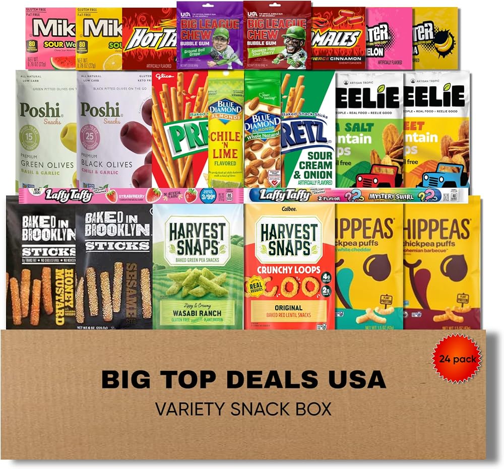BIG TOP DEALS USA Variety Snack Box, 24 Count Candy & Chips Assortment, Party Snack Box, Care Package Gift Basket for Birthdays, Office, College & Holidays