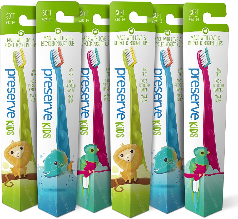 Preserve Kids Toothbrushes, Made in the USA from Recycled Plastic, Soft Bristles, Colors Vary (6ct)
