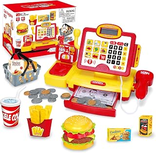 FS Cash Register for Kids with Barcode Scanner, Grocery Playset, 75 Pcs