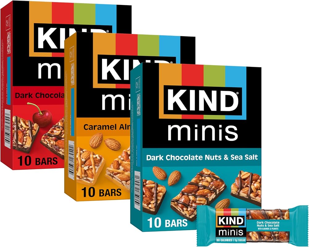 KIND Mini Snack Bars Variety Pack, Gluten Free, Low Sugar, Low Calorie Snacks, Dark Chocolate Nuts & Sea Salt, Caramel Almond & Sea Salt, Dark Chocolate Cherry Cashew, 30 Count