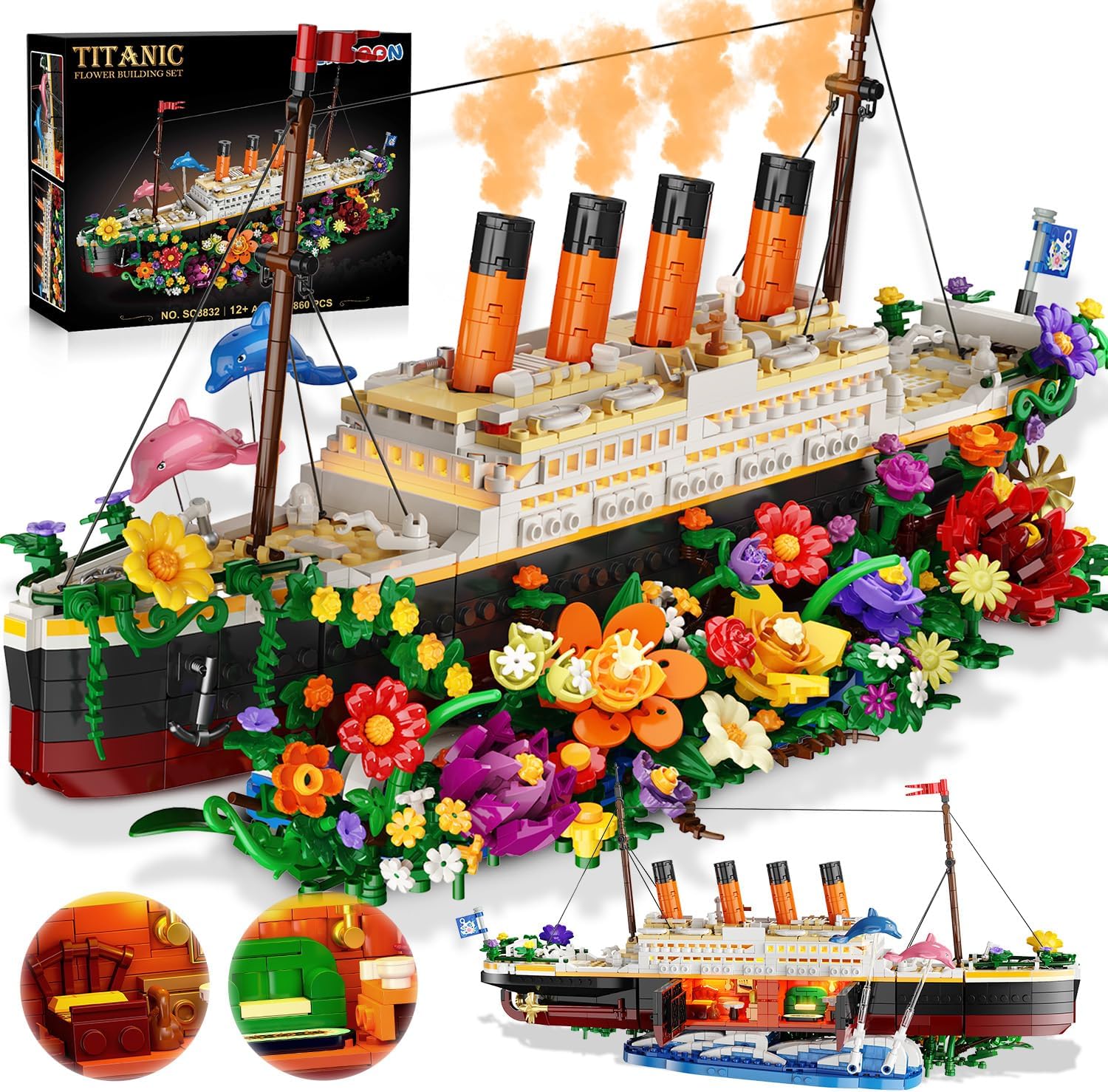 INSOON Flower Titanic Building Set with Lights for Adults Teens Girls 12+