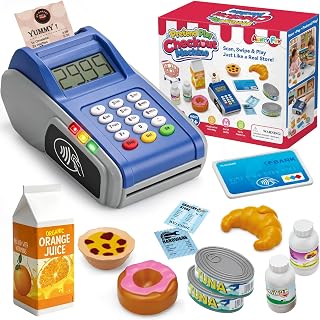 AuntyFey Toy Credit Card Machine, Cash Register for Kids with Play Food