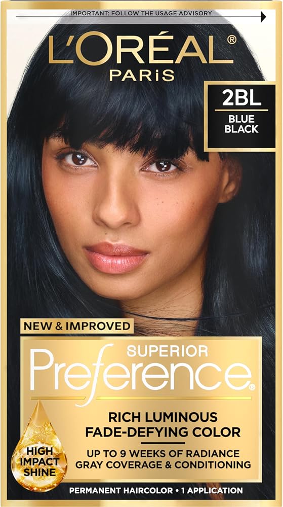 L'Oreal Paris Superior Preference Luminous Fade-Defying Permanent Hair Color, Hair Dye For Up to 9 Weeks of Radiance, 2BL Blue Black, 1 Kit - Personal Care