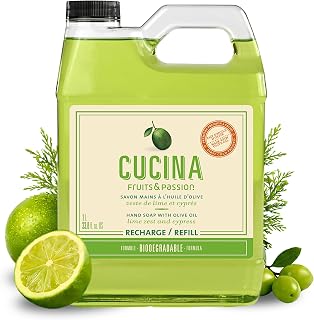 Cucina Fruits & Passion Hand Soap Refill, Lime Zest & Cypress, 1 L (33.8 fl oz), Liquid Hand Soap with Moisturizing Olive Oil, Biodegradable, Vegan Formula, Kitchen & Bathroom
