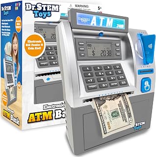 Dr. STEM Toys - Kids ATM Savings Bank – Electronic Piggy Bank with Bill Feeder, Coin Counter, and LCD – Educational STEM Toy for Children 5-12