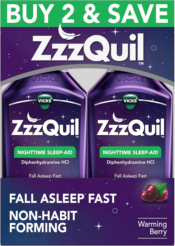 Zzzquil Sleep Aid, Nighttime Sleep Aid Liquid, 50 mg Diphenhydramine HCl, Fall Asleep Fast, Non-Habit Forming, Warming Berry Flavor, 12 FL OZ (Pack of 2)