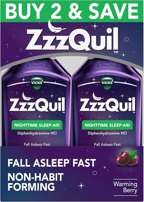 Zzzquil Sleep Aid, Nighttime Sleep Aid Liquid, 50 mg Diphenhydramine HCl, Fall Asleep Fast, Non-Habit Forming, Warming Berry Flavor, 12 FL OZ (Pack of 2)