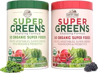 Country Farms Super Greens Power Pack, 50 Organic Super Foods, Greens Powder with Probiotics for Gut Health & Bloating Relief, Supports Energy, Unflavored & Berry, 40 Serving
