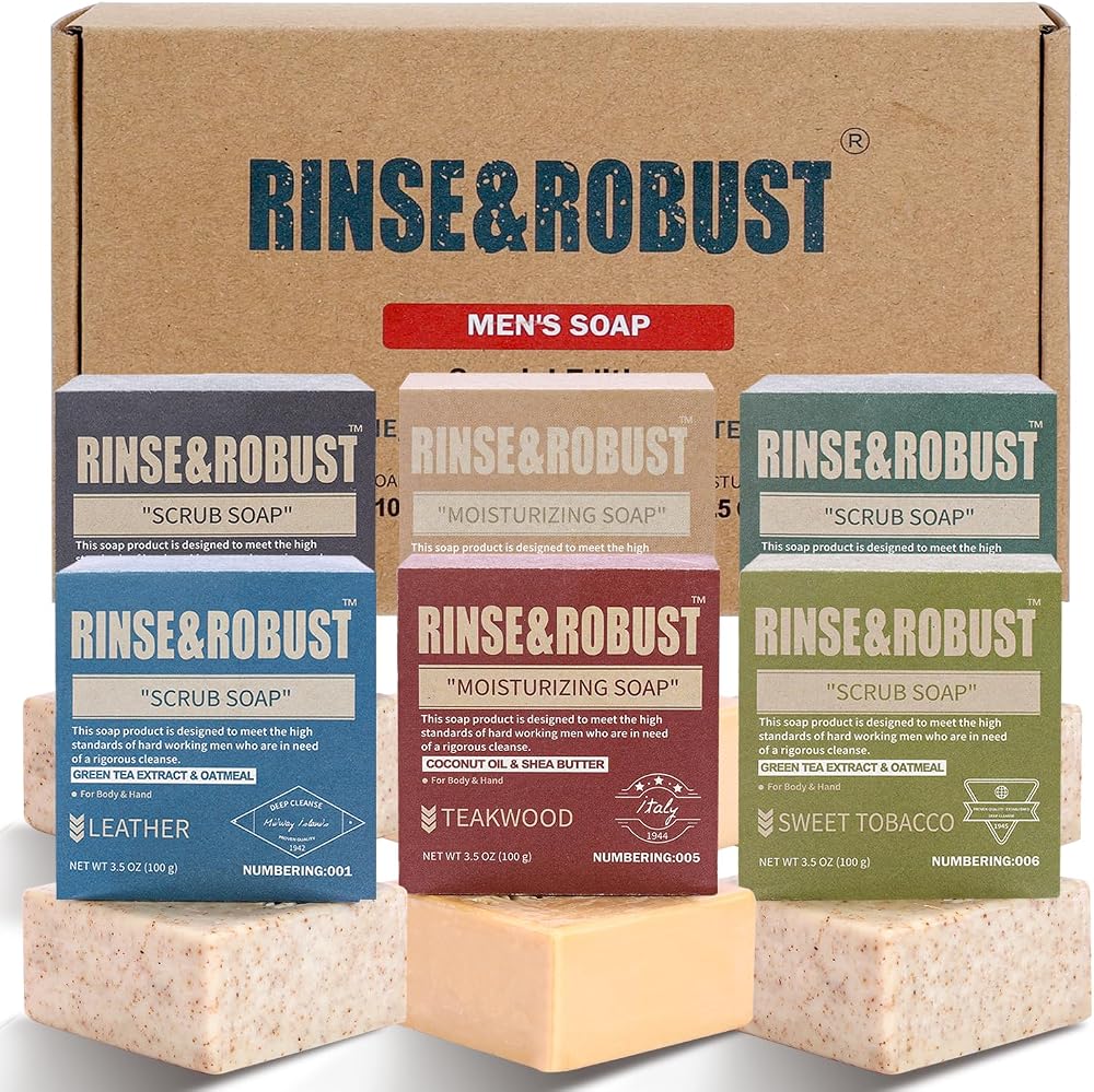 Rinse & Robust Mens Soap Bar Set 6Pcs Natural Handmade Cleansing Bar Soap Set Moisturizing Exfoliating Scrub Soap Fathers Day Gift for Dad All Skin Type, 6 Different Scents, 3.5 oz of 6 Bars