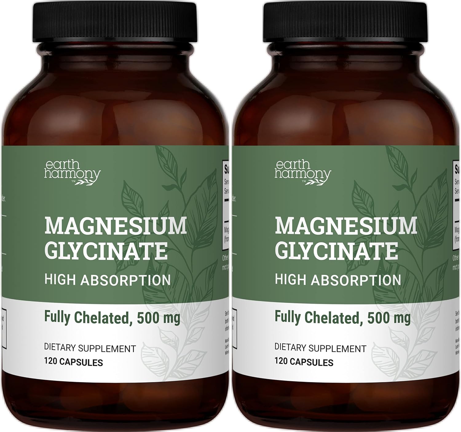 Earth Harmony Chelated Magnesium Glycinate 500mg - 120 Capsules (2-Pack, 1000mg Total)