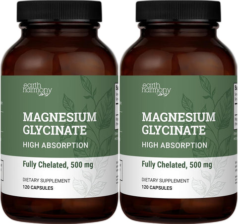Earth Harmony Chelated Magnesium Glycinate 500mg - 120 Capsules (2-Pack, 1000mg Total)