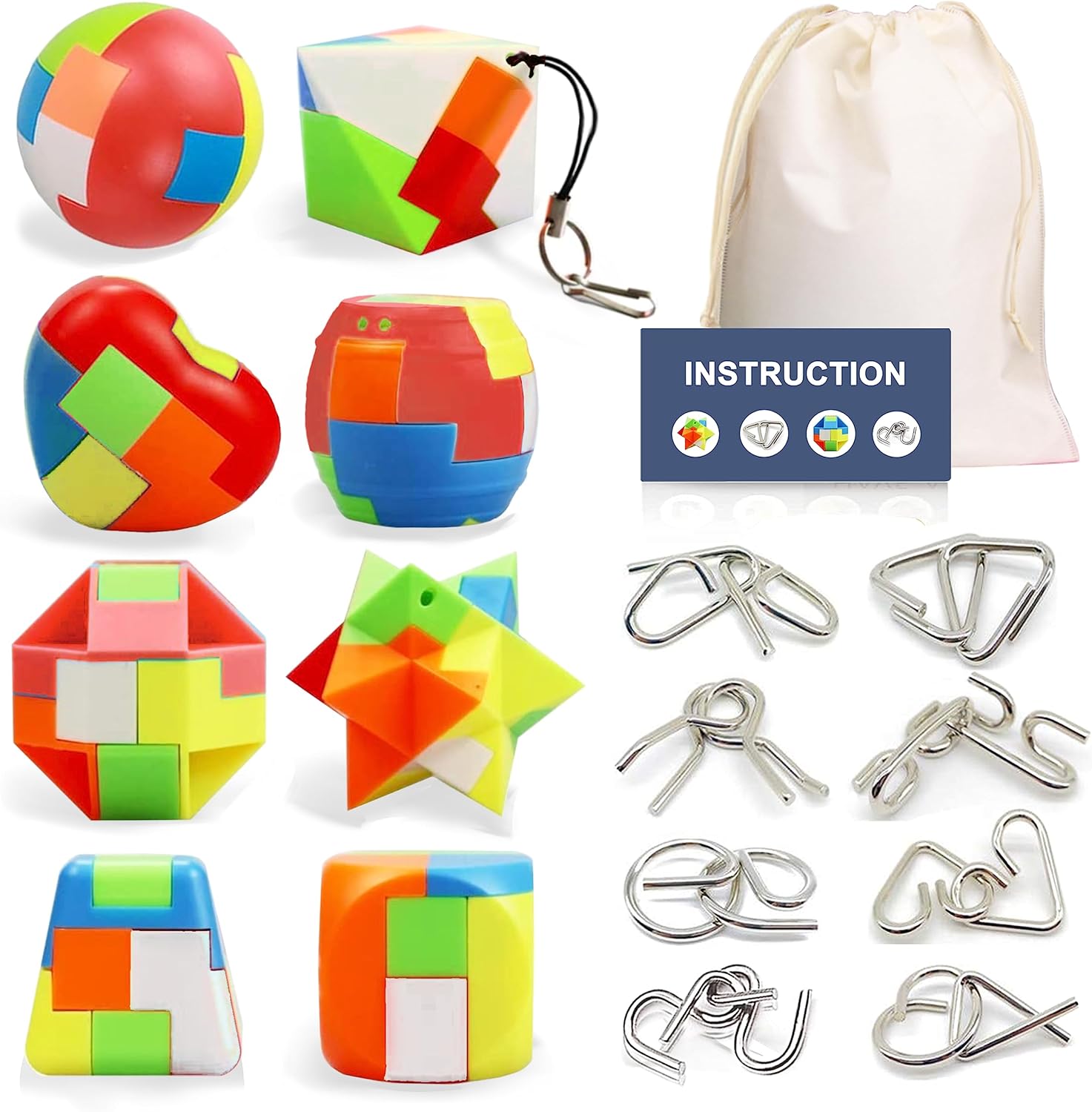 16 Pack Brain Teasers Puzzles for Kids & Adults, Brain Teasers Metal IQ Toys Puzzle Mind Game 3D Coil Cast Wire Unlock Interlock Magic Ball Puzzles for Teenagers