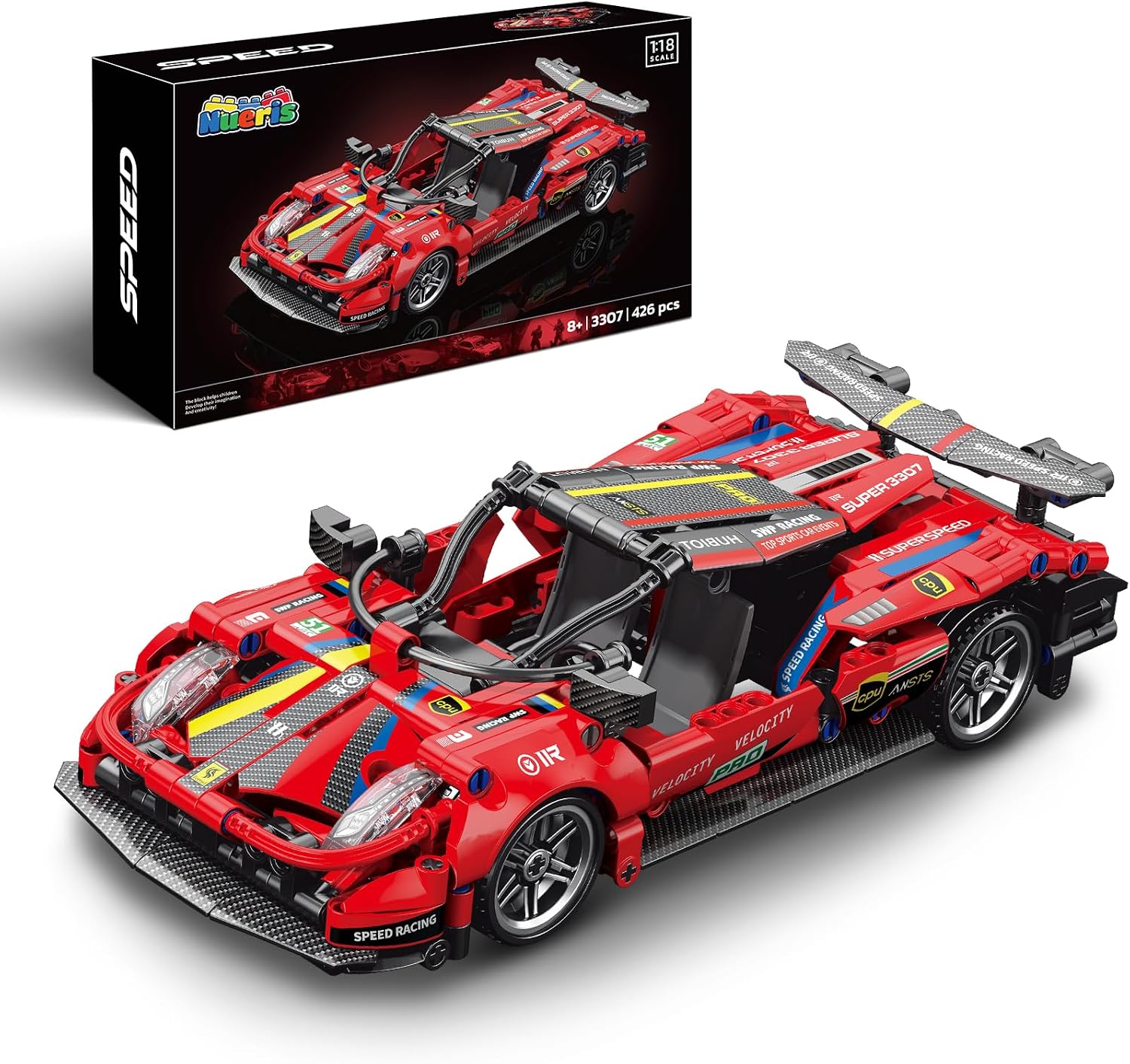 Nueris 1:18 Technic Super Sports Cars Model Sets - 426 PCS Red MOC Building Block Car Raceing Engineering Toys - Gift Idea for Adults Boys Girls for Play and Display Collection
