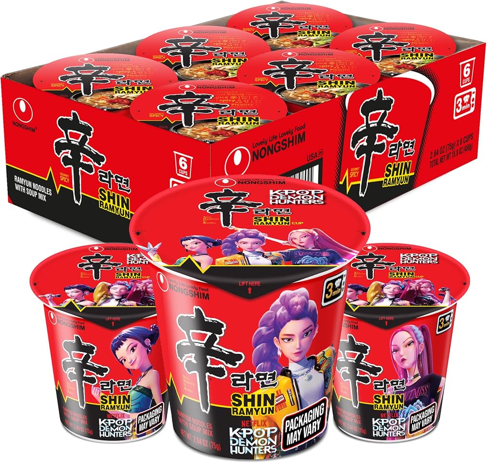 Nongshim Shin Ramyun Cup of Noodles, Spicy Signature Korean Instant Ramyun, Rich Beef Flavored Broth, Quick and Easy, Microwaveable Cup, 2.64 oz (Pack of 6)