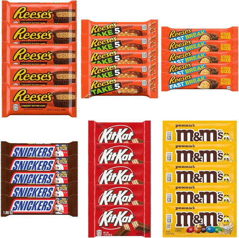 Big TOP DEALS USA 30 Piece Candy Variety Pack with 5 Reese's Cups, 5 Take 5 Bars, 5 Fast Break King Size Bars, 5 Snickers, 5 Kit Kat and 5 M&M's Peanut - Individually Wrapped Gift Bundle