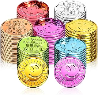 100 Pieces Smile Face Glod Coins, Colorful Plastic Reward Coins, for School Teacher Rewards and Behavior Incentives. Inscription Reading “I was Caught Being Good” on One Side