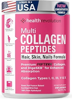 Multi Collagen Peptides Powder – Types I, II, III, V, X, Hydrolyzed Collagen for Women, 99% Absorption, Skin Hair Nails Joints, Triple Refined - No Clumping, Non-GMO, Gluten Free, Grass Fed Unflavored