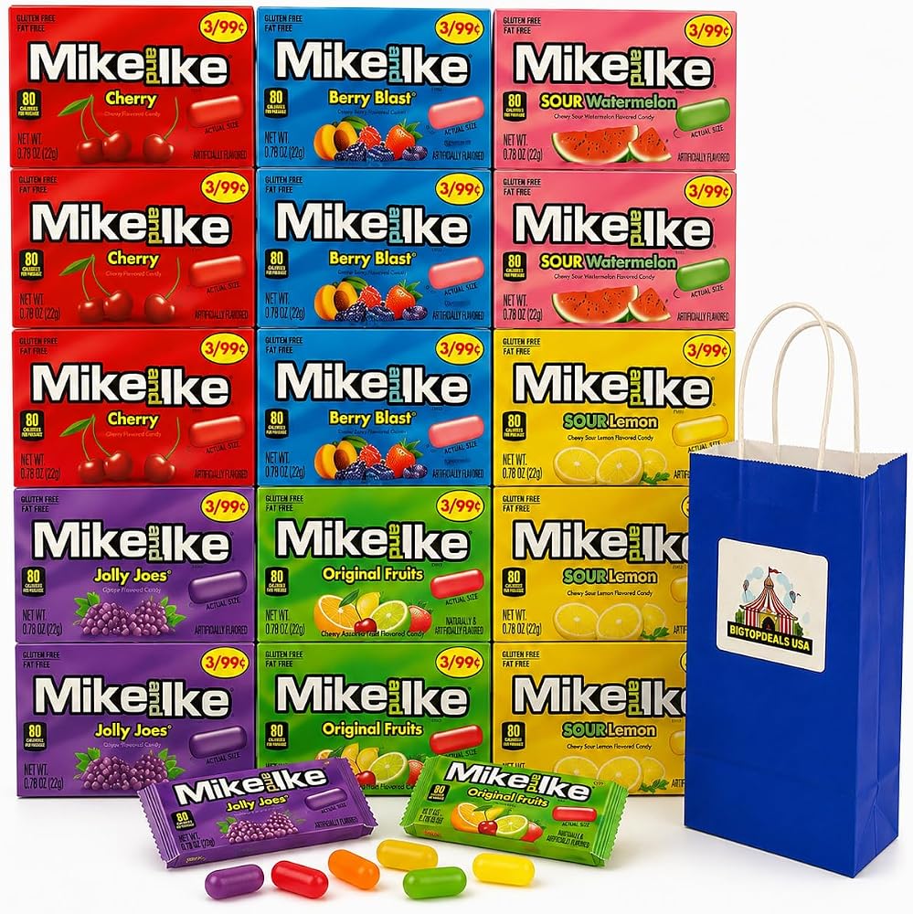 BIG TOP DEALS USA Mike and Ike Fruity Candy Party Favor Bags, 12 Count, Individually Wrapped, Goodie Bag Stuffers for Parties and Celebrations