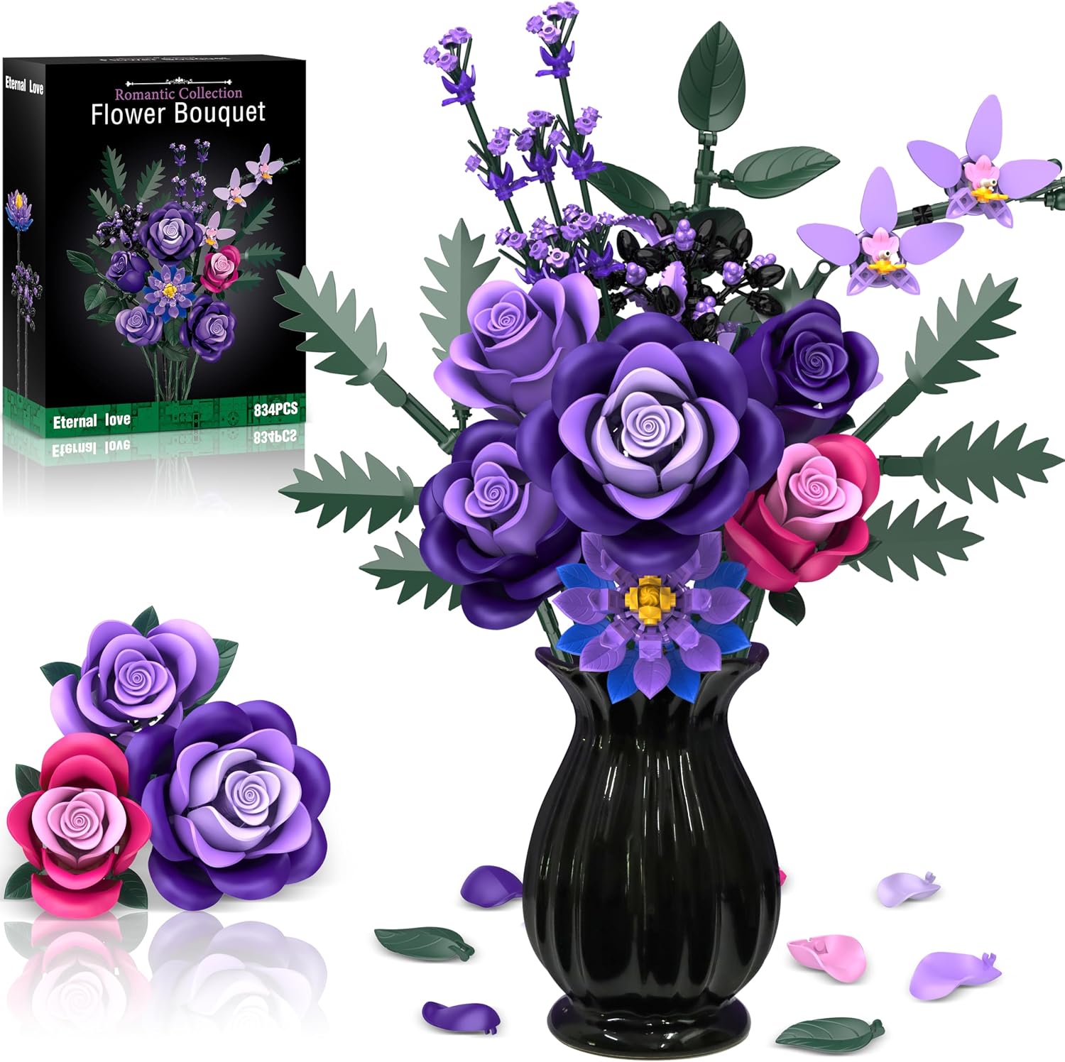 Purple Roses Flower Bouquet Building Sets, 834PCS Artificial Flowers Botanical Collection Compatible with Lego Flowers for Adults Gothic Halloween Decor, Christmas Valentines Day Gifts for Women Men