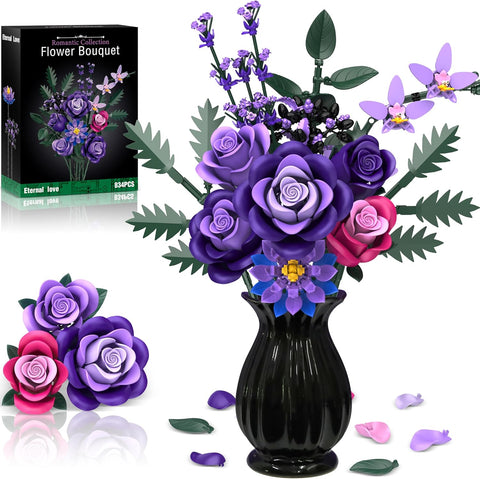 Purple Roses Flower Bouquet Building Sets, 834PCS Artificial Flowers Botanical Collection Compatible with Lego Flowers for Adults Gothic Halloween Decor, Christmas Valentines Day Gifts for Women Men