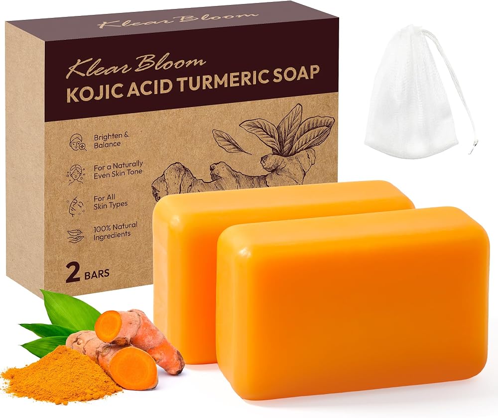 Kojic Acid Soap, Turmeric Soap Bar for Dark Spots Brightening & Moisturizing with Collagen, Vitamin E, Retinol, Hyaluronic Acid, Shea Butter, Paraben & Sulfate-Free 105g x 2 Bars