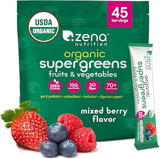 Zena Organic Super Greens Powder, 70+ Superfoods Drink Mix, 0 Sugar, 3G Fiber, Fruits, Veggies, Spirulina, Chlorella, Antioxidants, Pre & Probiotics, Digestive Enzymes, Mixed Berry Flavor, 45 Servings