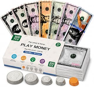 300PCS Play Money Set, 280 Bills and 20 Plastic Coins, Movie Props Money