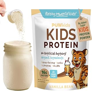 Kids Protein Shake Powder 16g – No Added Sugar, Organic Ingredients, Grass-Fed Whey Proteins – Calcium & Choline for Bone Strength & Brain Development, Protein Shake – Vanilla