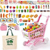 Kids Shopping Cart Toy with Play Food, Kitchen Accessories, Shopping Bag, Purse and Play Money, 117pcs Pretend Shopping Cart for Toddler Role Play Grocery Store Game Gift for Kids (Pink)