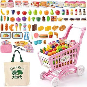 Kids Shopping Cart Toy with Play Food, Kitchen Accessories, Shopping Bag, Purse and Play Money, 117pcs Pretend Shopping Cart for Toddler Role Play Grocery Store Game Gift for Kids (Pink)