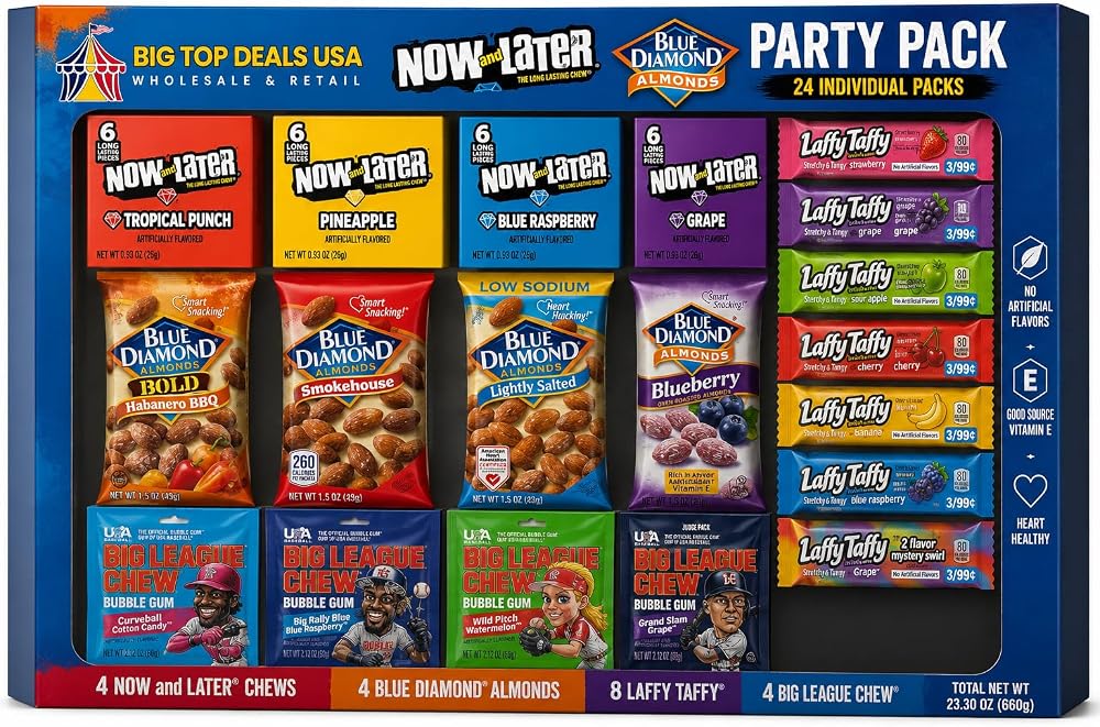 BIG TOP DEALS USA Candy and Snack Variety Party Pack (24 Packs) - Sweet and Salty Snack Box with Assorted Fruit Chews, Roasted Almonds, Tangy Taffy, and Shredded Bubble Gum