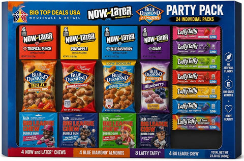 BIG TOP DEALS USA Candy and Snack Variety Party Pack (24 Packs) - Sweet and Salty Snack Box with Assorted Fruit Chews, Roasted Almonds, Tangy Taffy, and Shredded Bubble Gum