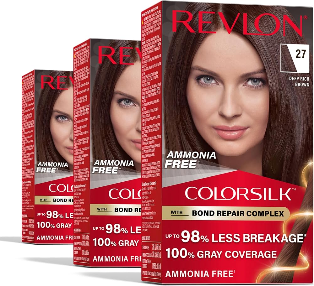 Revlon ColorSilk with Bond Repair Hair Color, 27 Deep Rich Brown, 3pk