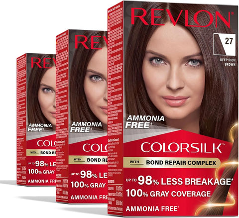 Revlon ColorSilk with Bond Repair Hair Color, 27 Deep Rich Brown, 3pk