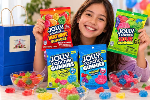 Big TOP DEALS USA JOLLY RANCHER Gummies Variety Gift Bundle, 4 Assorted Bags Including Heat Wave, Sours, Original Flavors and King Size Sour Gummies with Gift Bag