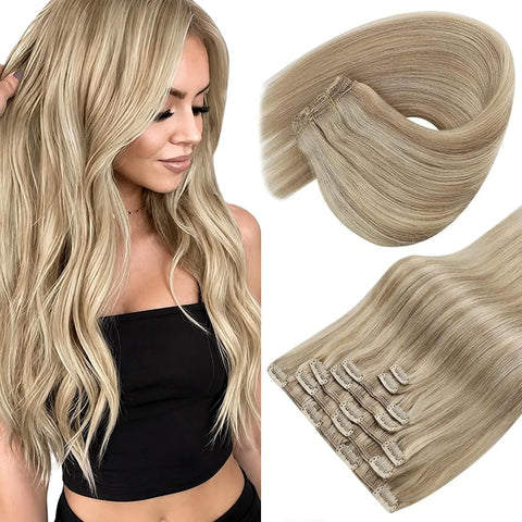 Sunny Hair Clip in Hair Extensions Real Human Hair Blonde Highlight 18inch